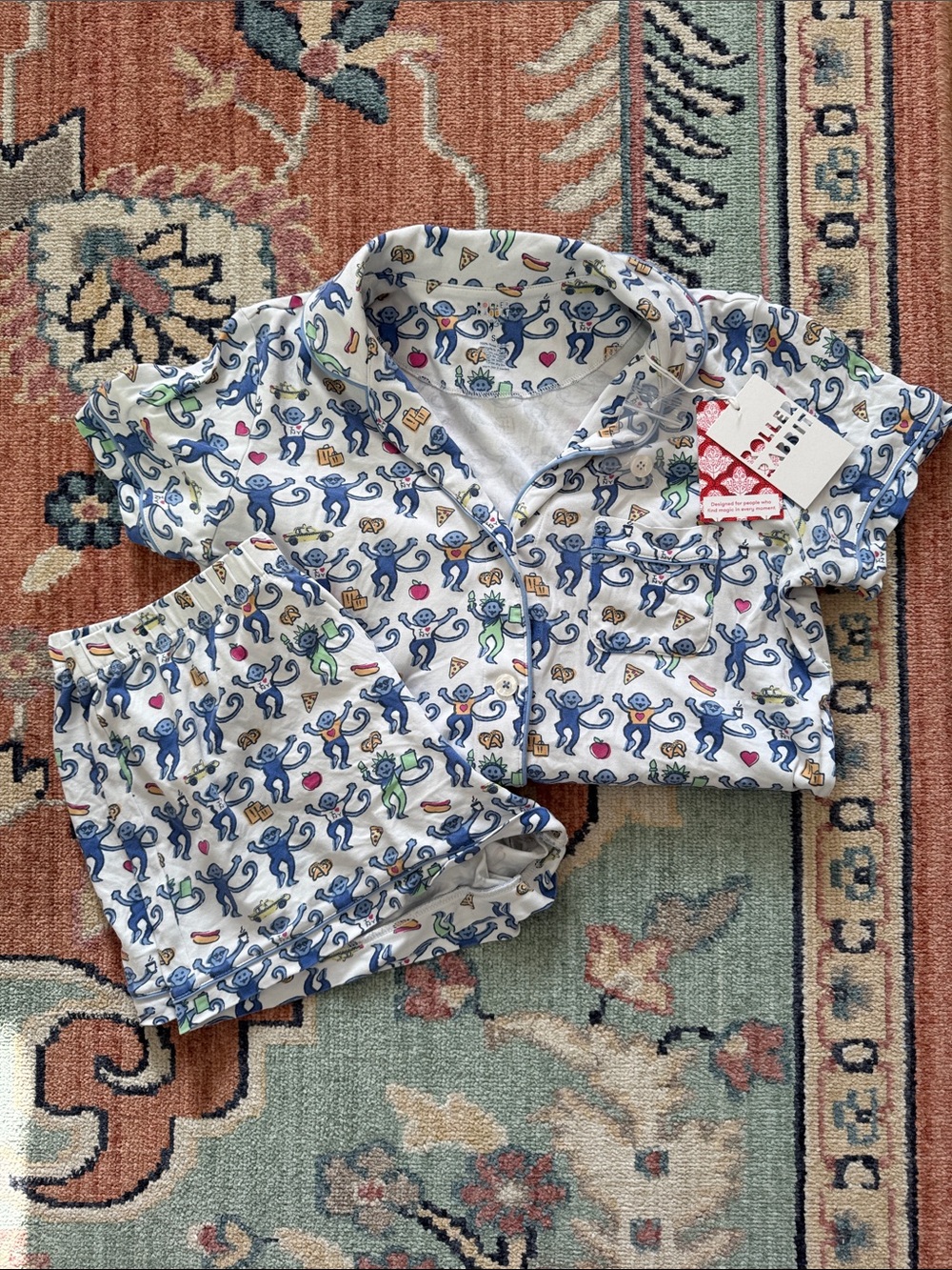 Roller Rabbit White Short Pajama Set with Multicolor Monkey Print